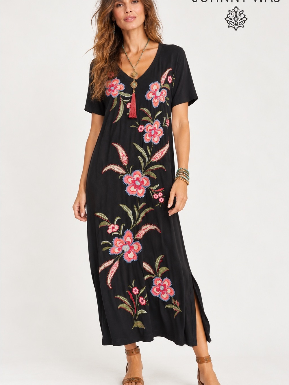 Johnny Was Los Angeles Embroidered Floral Maxi Dress – Black – Size Small